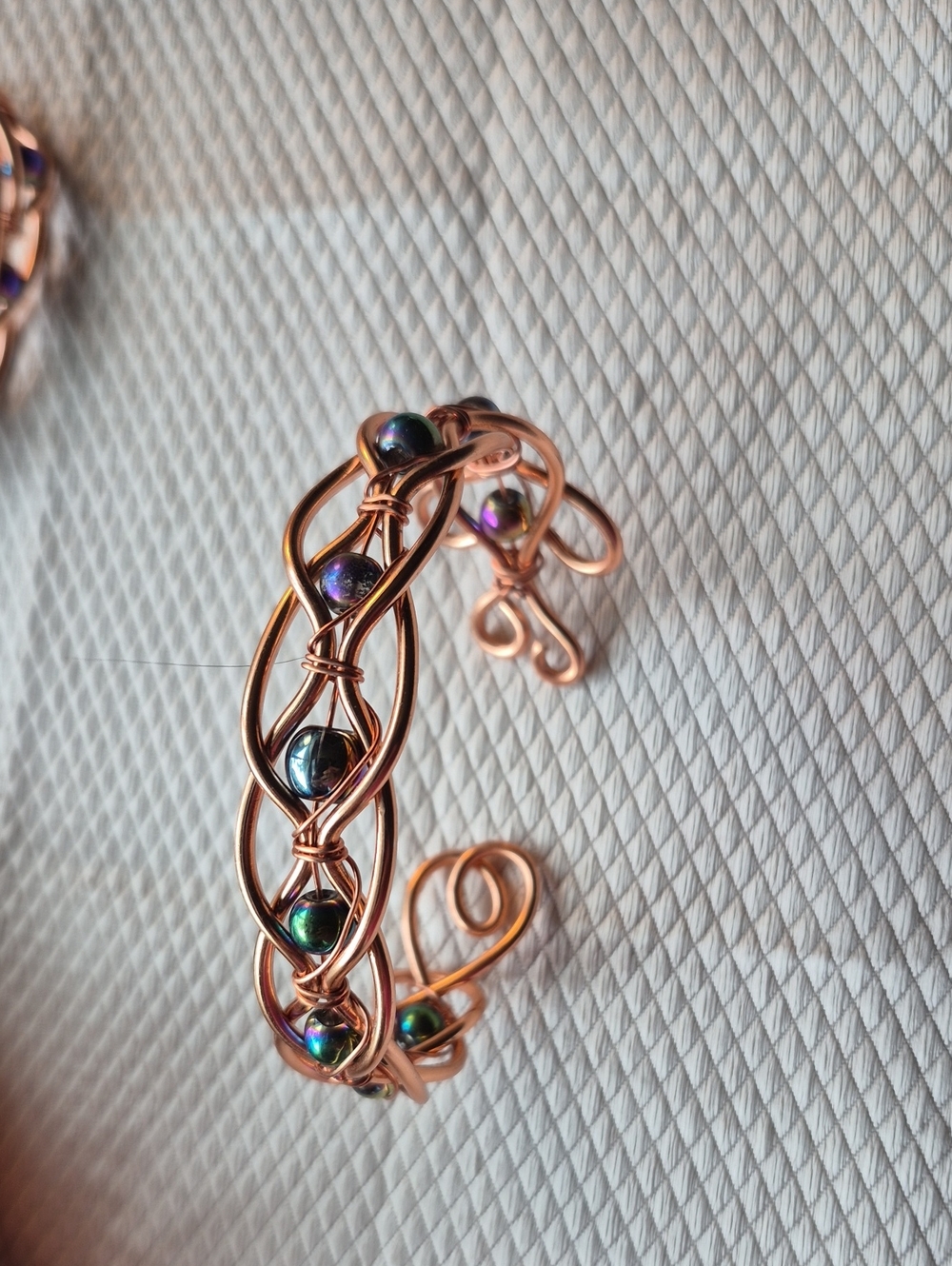 Copper Wire Cuff Bracelet with Iridescent Beads - Multicolor